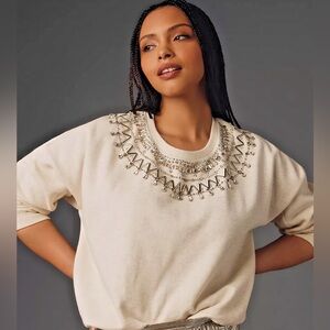 Anthropologie Maeve Cream pullover Embellished Collar oversized Size XS Cotton